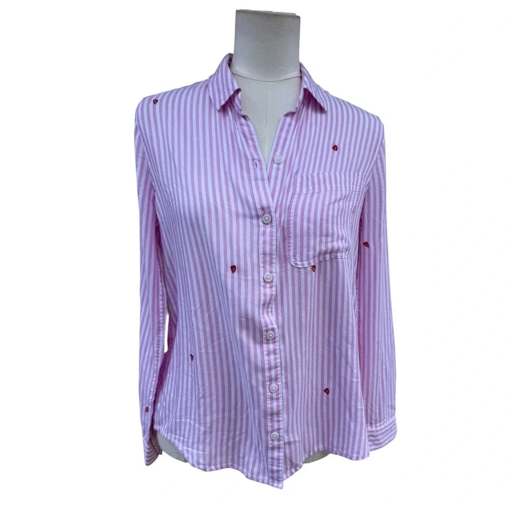 BeachLunchLounge Kaylee Pink Stripe Heart Embroidered Button Shirt Womens S